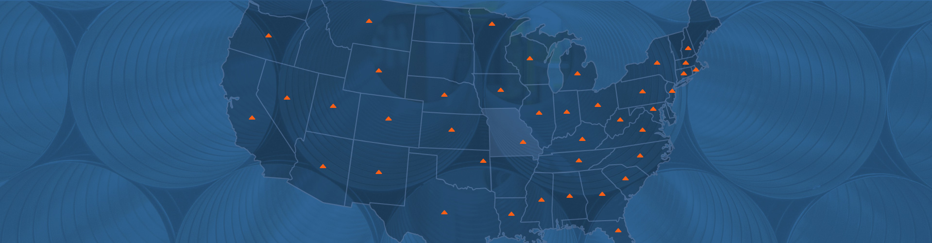 stylized map of the United States with highlight points noting locations